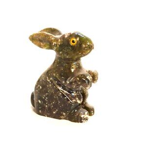 Carved Stone Rabbit Figurine Green Brown Speckled Bunny Collectible Small